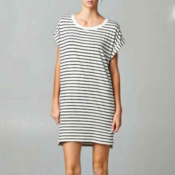 Ellison Striped T-Shirt Dress Crew Neck Short Sleeve Rolled Cuff Black White S - Picture 1 of 11